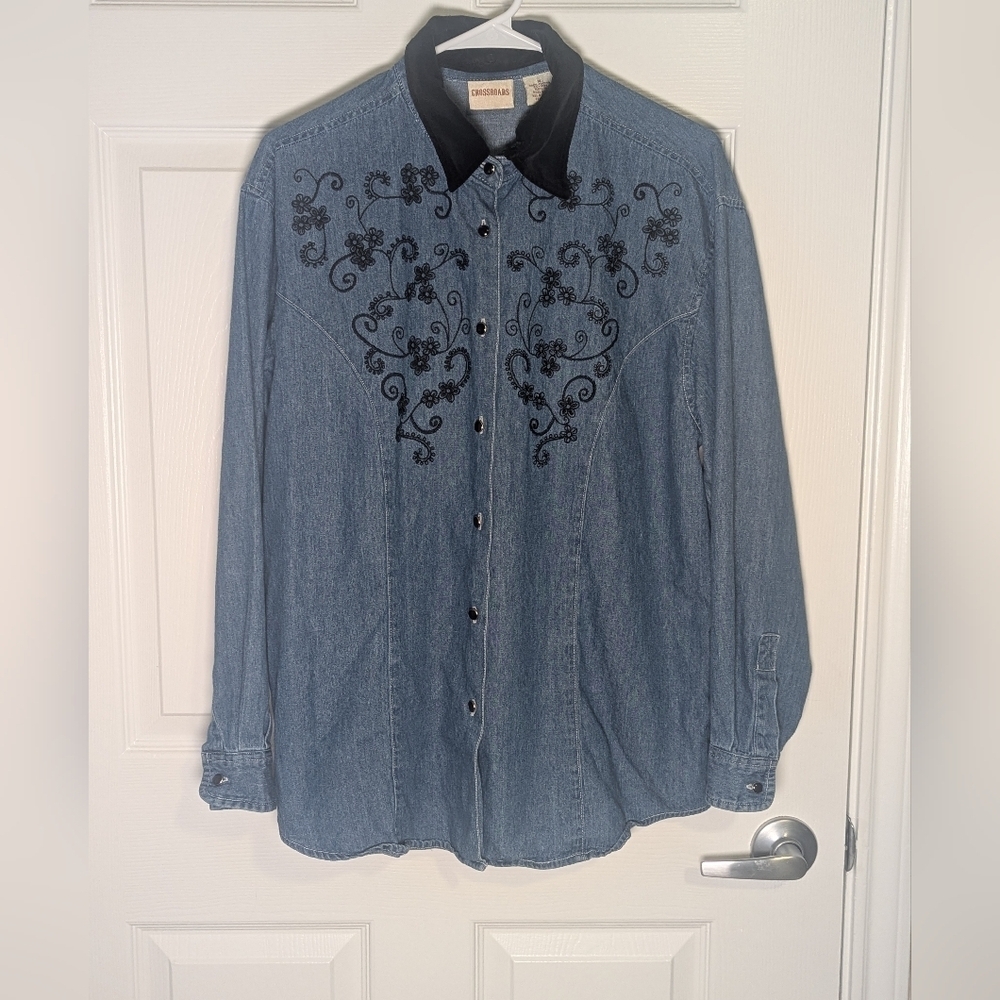 Crossroads Embroidered Denim Button Down Shirt | Western Floral | Medium